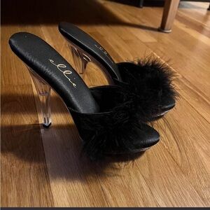 Elle Black Feather Slide Heels with Clear Stilettos
